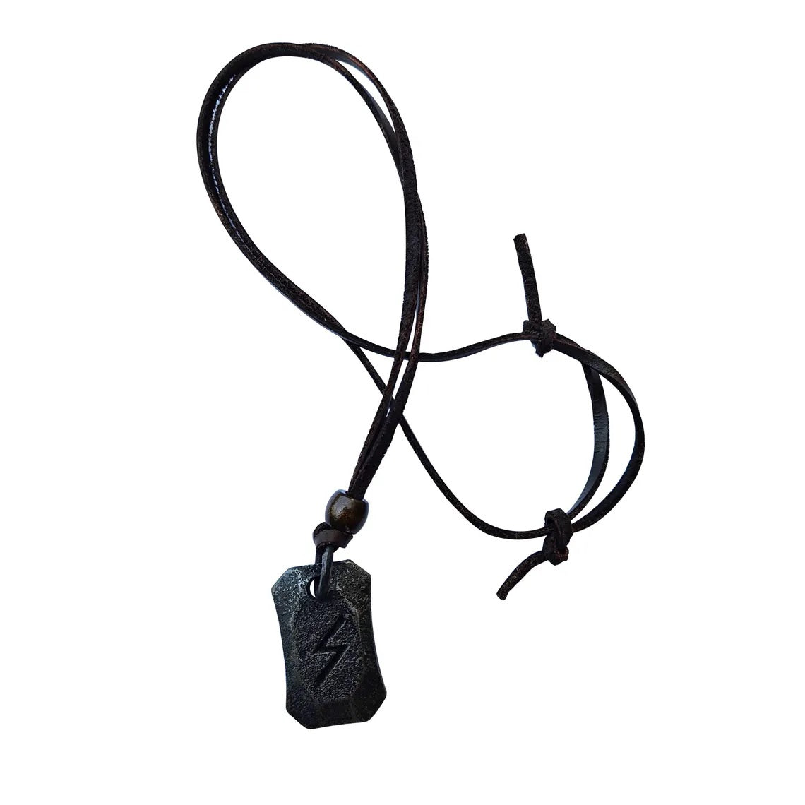 The Viking Rune Pendant Sowilo features a carved Sowilo lightning rune from Norse mythology on a rectangular black pendant, hung on an adjustable black cord necklace.
