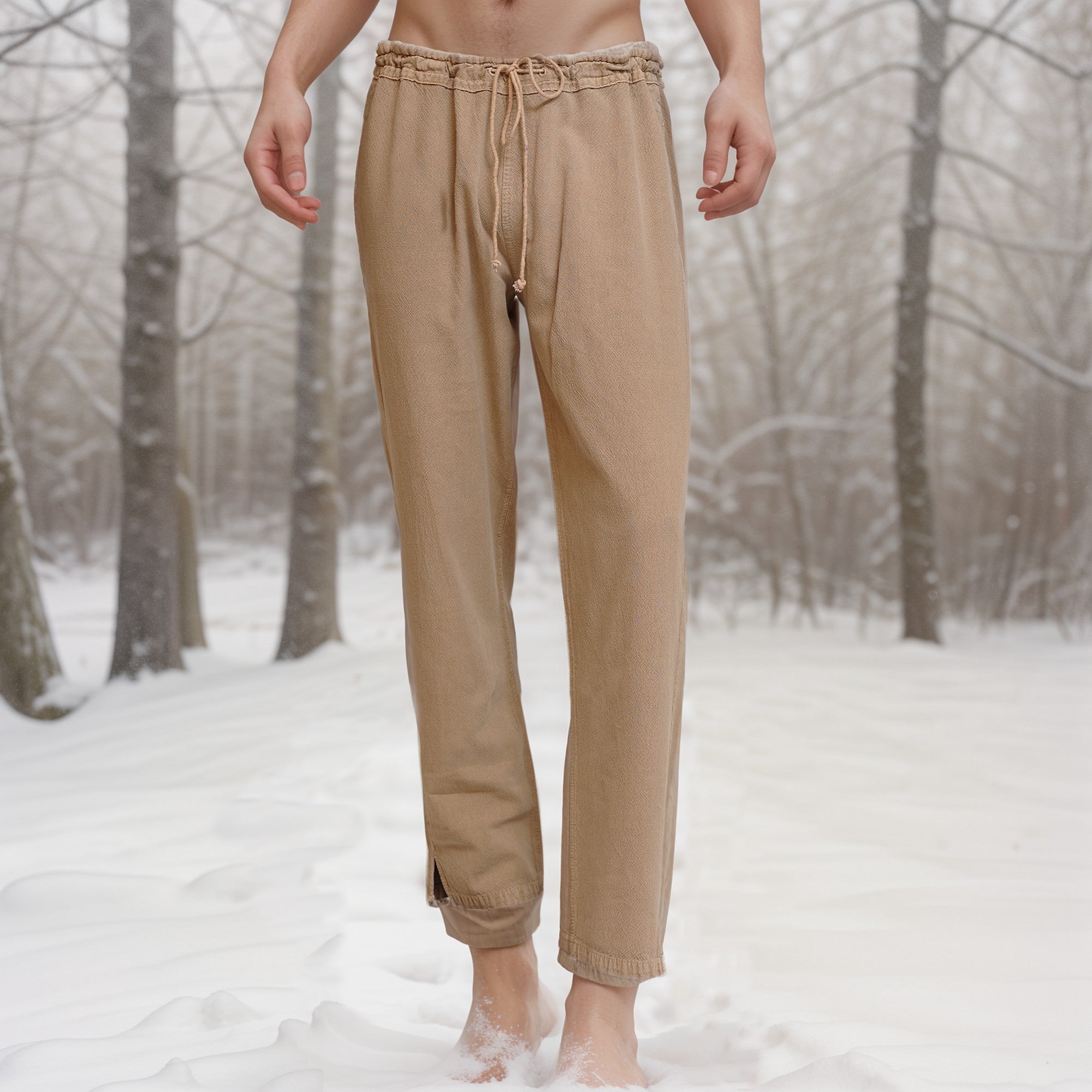 A barefoot person stands in the snow, wearing Warrior Pants- Men's in light brown cotton linen inspired by Viking warrior trousers. The winter forest background features leafless trees. Only the pants and bare feet are visible; upper body and head are not shown.