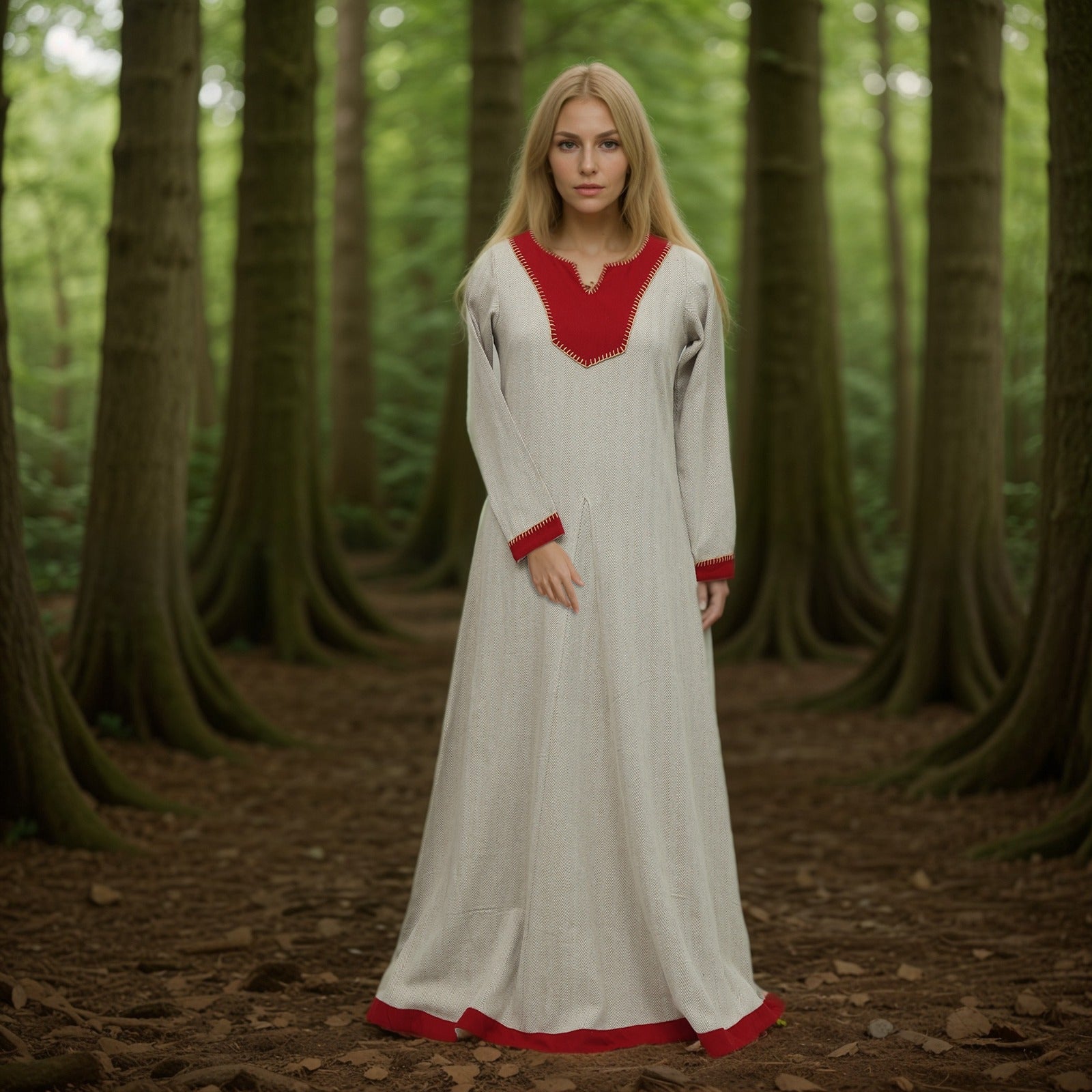 A woman with long blonde hair stands in a forest, wearing the Nordic Runeweave Viking Dress—light gray with red-trimmed sleeves, collar, and hem. Hand embroidery reflects Norse craftsmanship, while tall trees and brown leaves surround her.