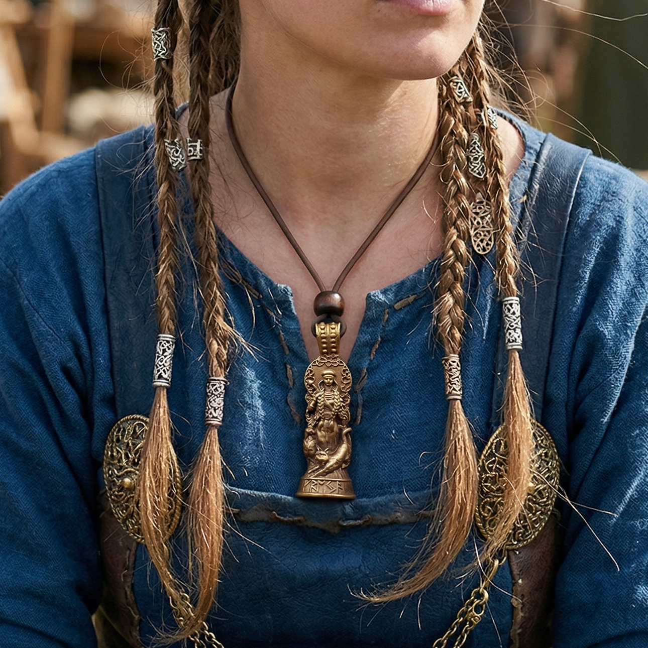 A person wearing a blue garment with ornate brooches, braided hair with silver beads, and a Freyja Pendant – Goddess of Love and War necklace featuring an intricate design inspired by Norse culture.