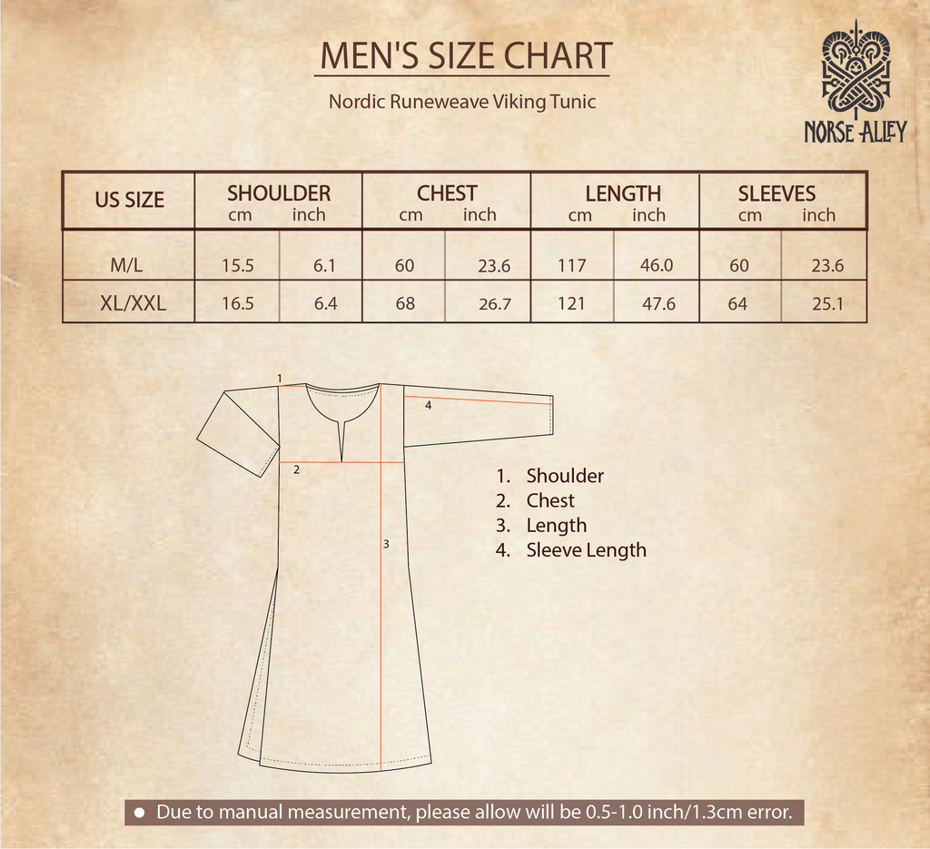 The Nordic Runeweave Viking Tunic-Men’s size chart shows Norse rune details, shoulder, chest, length, and sleeve measurements for M/L and XL/XXL. Includes diagram and measurement tolerance note.