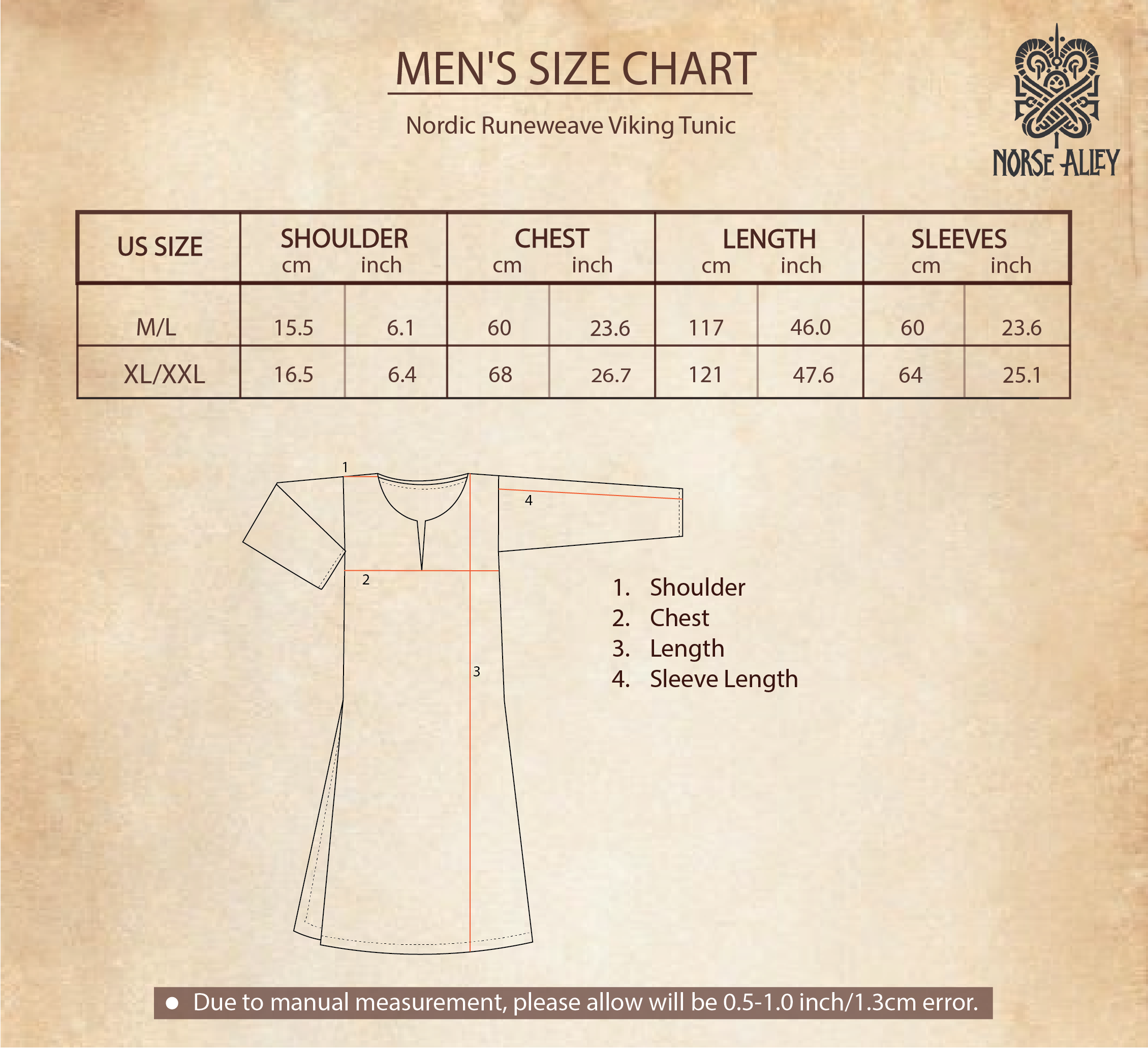 The Nordic Runeweave Viking Tunic-Men’s size chart shows Norse rune details, shoulder, chest, length, and sleeve measurements for M/L and XL/XXL. Includes diagram and measurement tolerance note.
