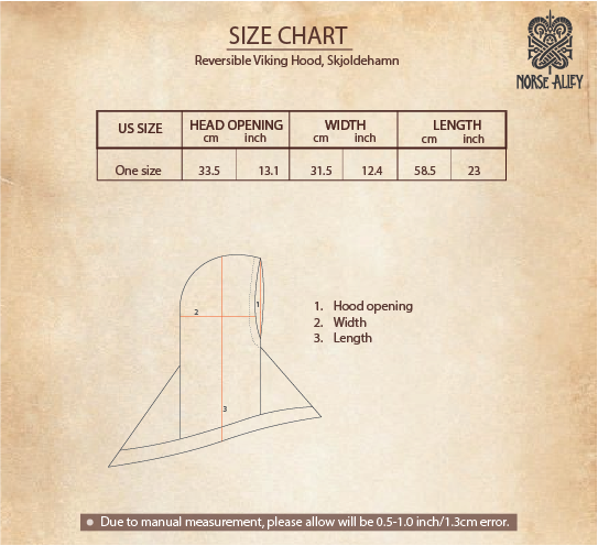 Size chart for the Reversible Viking Hood, Skjoldehamn: US size (one size), head opening 33.5 cm/13 in, width 31 cm/12.4 in, length 58.5 cm/23 in. Includes measurement diagram—ideal for medieval reenactment.