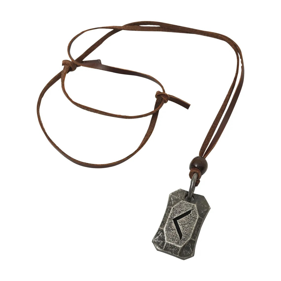 The Viking Rune Pendant Kenaz features a weathered silver rectangular pendant with a carved Kenaz rune, set on a brown leather cord and accented by a small bead, inspired by Norse mythology.