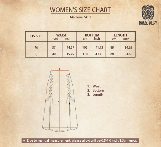 Medieval Skirt- Ladies size chart for US M and L shows waist, bottom, and length measurements. Features an illustrated skirt with labeled points for clarity and the Norse Alley logo at the top right—perfect for Renaissance fairs or reenactments.