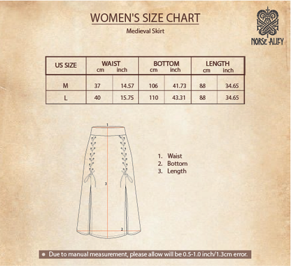 Medieval Skirt- Ladies size chart for US M and L shows waist, bottom, and length measurements. Features an illustrated skirt with labeled points for clarity and the Norse Alley logo at the top right—perfect for Renaissance fairs or reenactments.