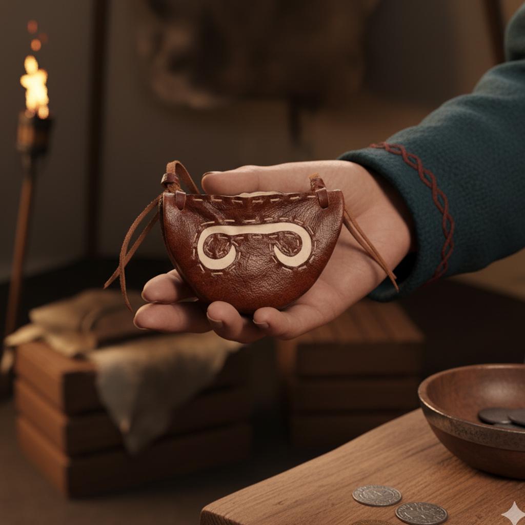 Dressed in medieval garb, a person holds the Gokstad Wallet Viking Coin Pouch, its handcrafted leather and decorative stitching standing out amid wooden boxes, coins, a bowl, and a lit torch for an authentic historical scene.