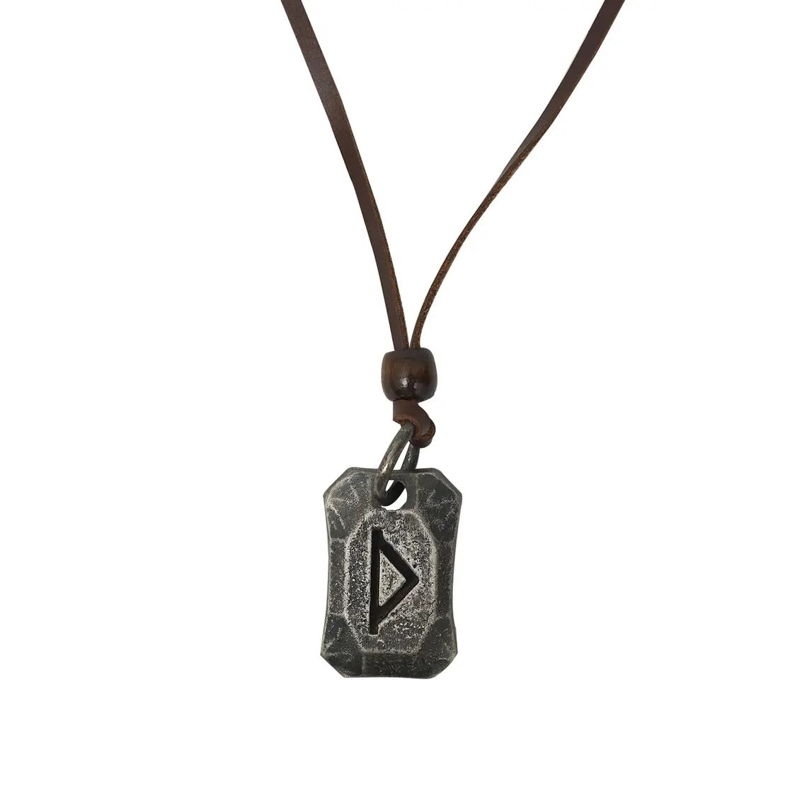 The Viking Rune Pendant Thurisaz features a triangular metal Thurisaz rune on a weathered pendant, strung on a brown leather cord with a wooden bead above it.
