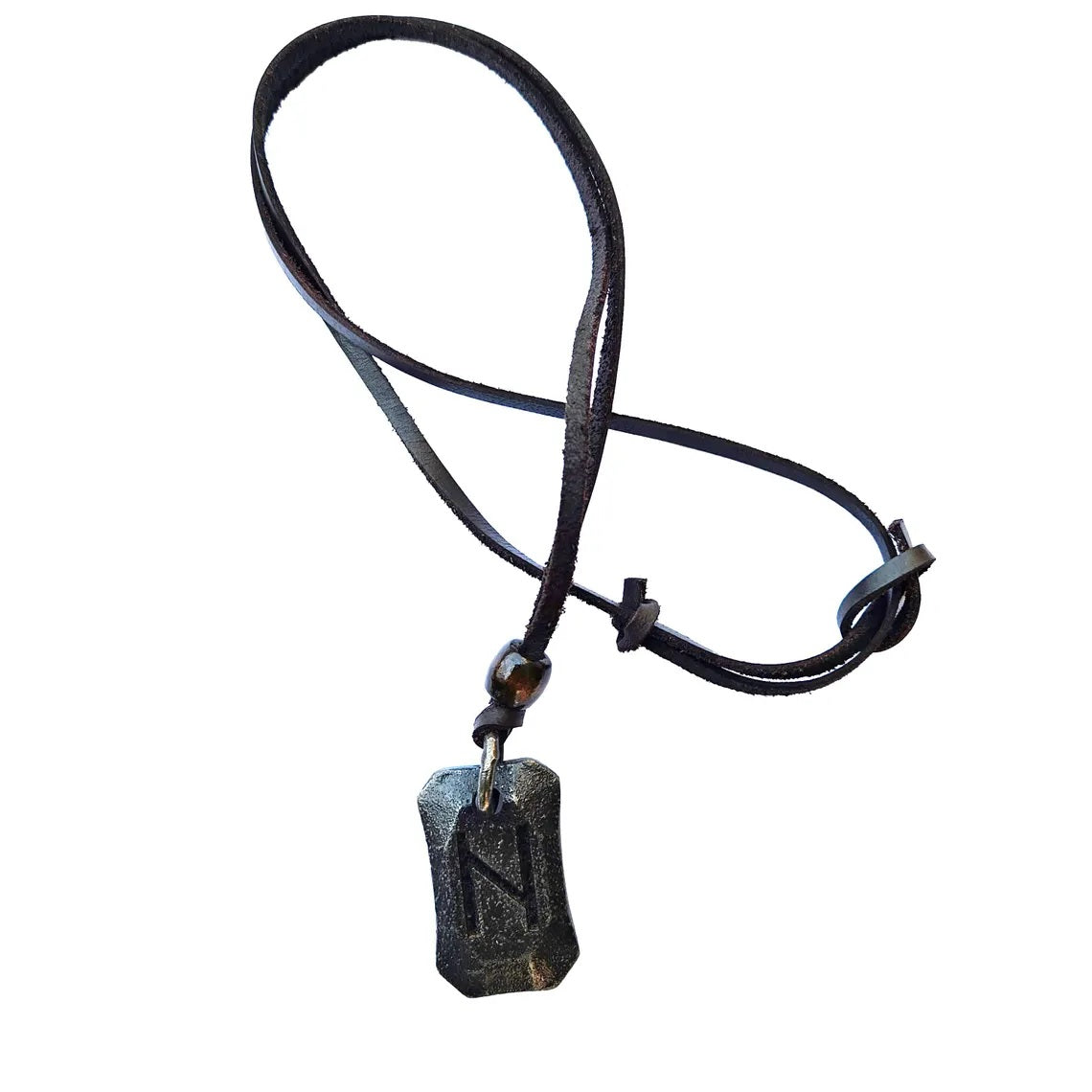 The Viking Rune Pendant Hagalaz features a rectangular, weathered metal pendant engraved with the Norse Hagalaz rune, hanging on a black leather cord with adjustable knots for sizing.