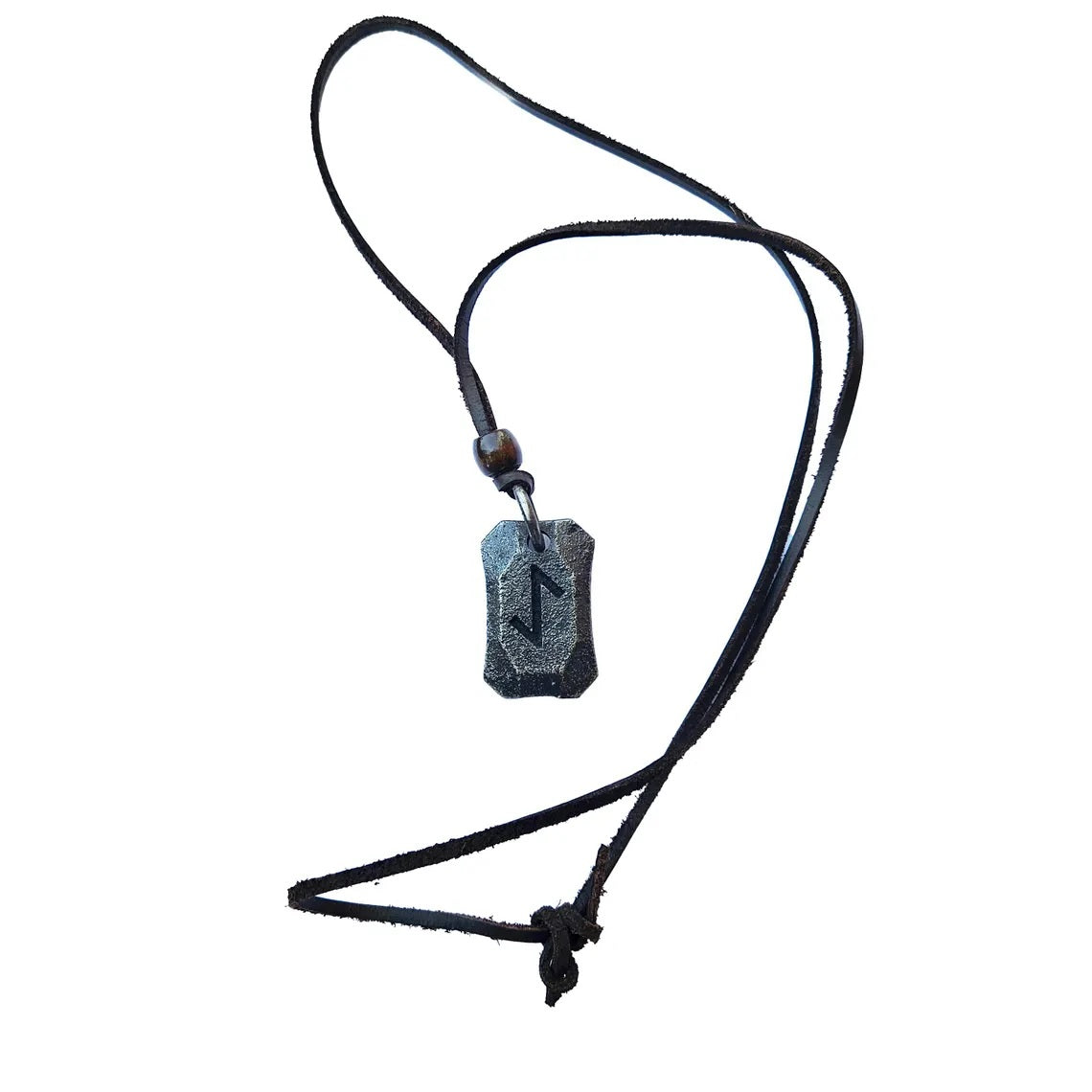 The Viking Rune Pendant Eihwaz features a weathered rectangular metal pendant with a zigzag rune, hanging on a black leather cord and inspired by Norse mythology, shown on a white background.