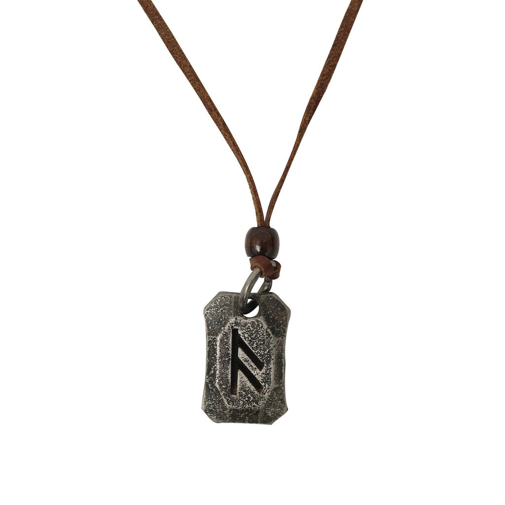 The Viking Rune Pendant Ansuz is a brown leather cord necklace with a dark bead and a rectangular silver pendant engraved with the upward-pointing Ansuz rune—a bold piece of Viking jewelry.