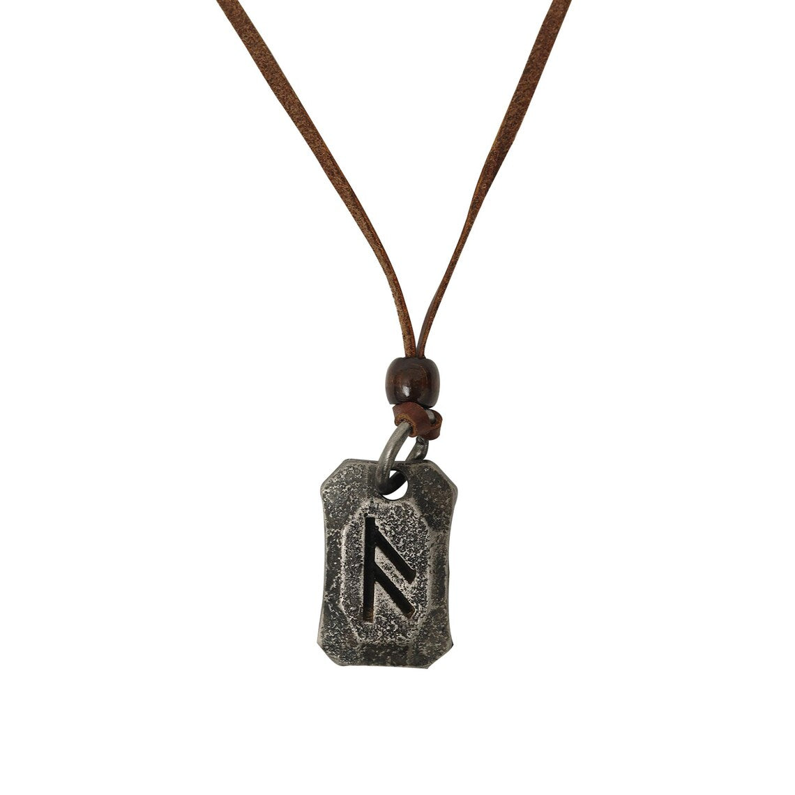 The Viking Rune Pendant Ansuz is a brown leather cord necklace with a dark bead and a rectangular silver pendant engraved with the upward-pointing Ansuz rune—a bold piece of Viking jewelry.