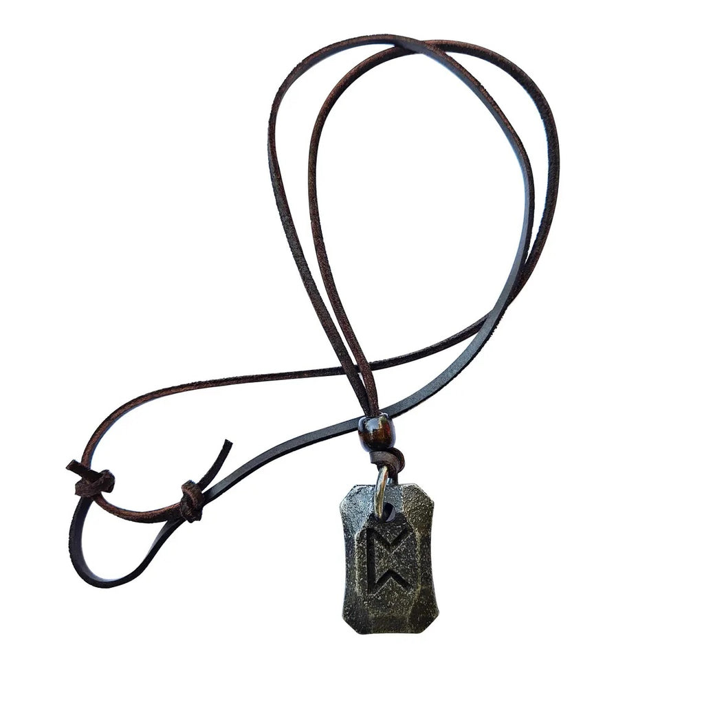 The Viking Rune Pendant Perth features a metal pendant engraved with the angular Perthro rune, inspired by Norse mythology, on a brown leather cord necklace and displayed on a white background.