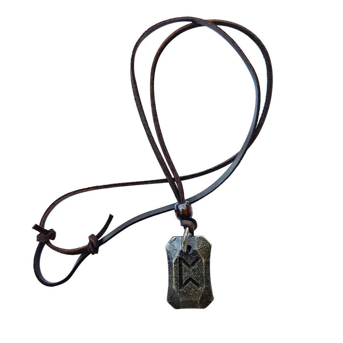 The Viking Rune Pendant Perth features a metal pendant engraved with the angular Perthro rune, inspired by Norse mythology, on a brown leather cord necklace and displayed on a white background.