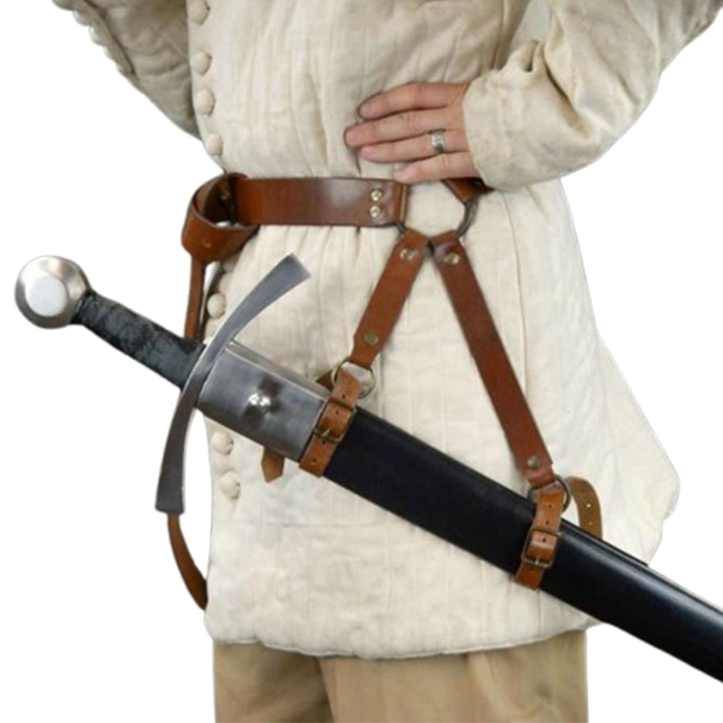 Medieval Hanging Sword Belt – Adjustable Brown Leather Scabbard Hanger