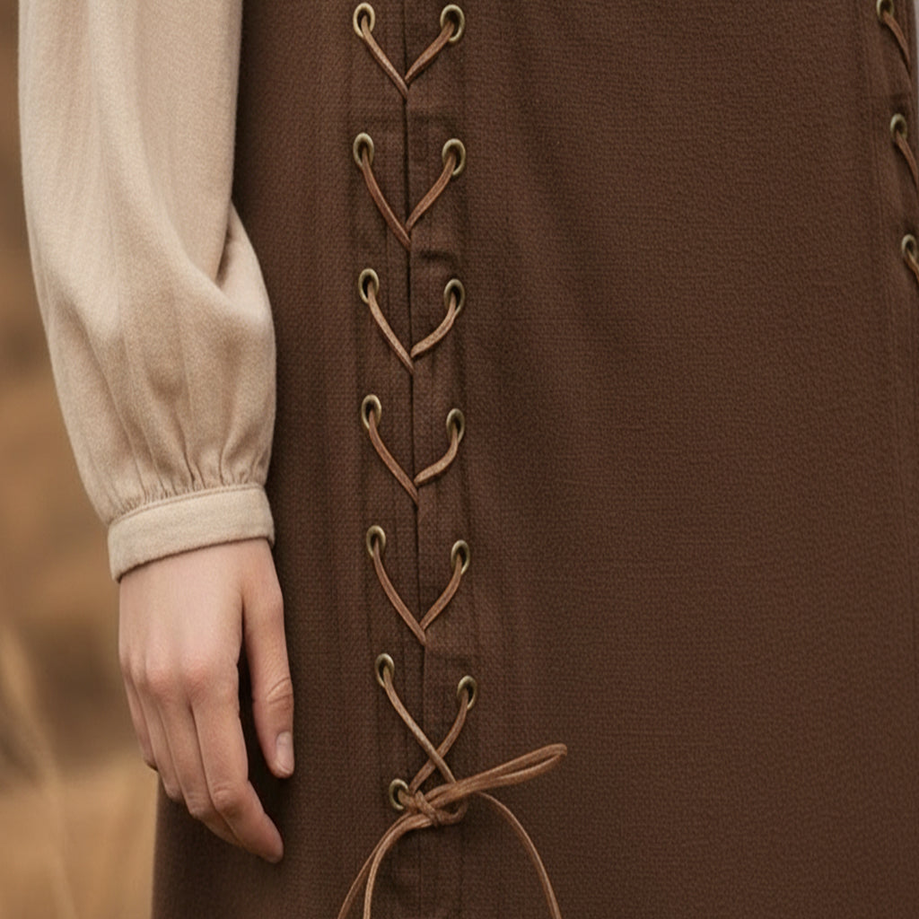 A close-up of a hand resting by their side, featuring the Medieval Skirt- Ladies in brown with vertical lace-up details and metal eyelets, paired with a beige long-sleeved blouse.