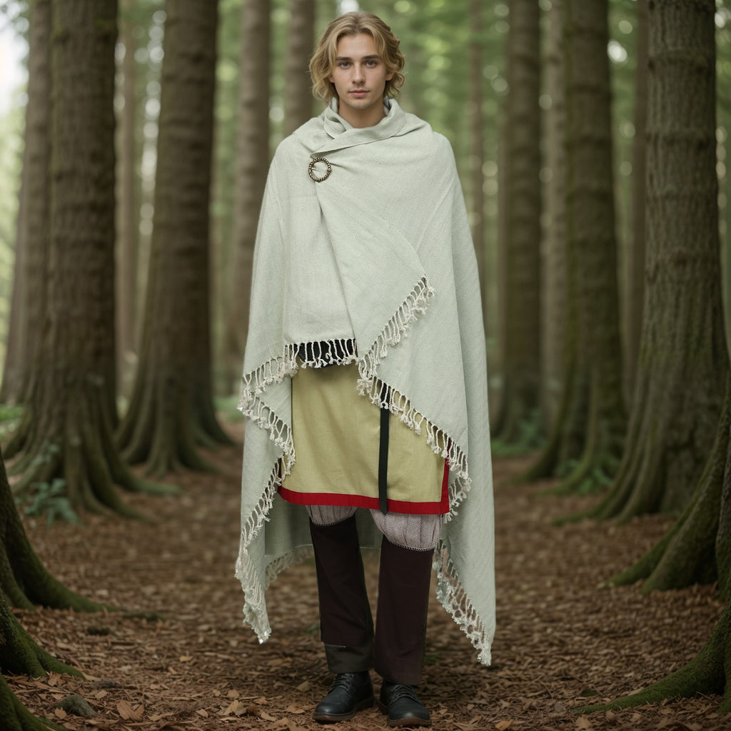 A person with wavy blond hair stands in a forest, wearing Odin's Viking Cape - Unisex—a fringed cloak fastened by a brooch—over medieval-style layers. Tall trees and leaf-covered ground surround them.