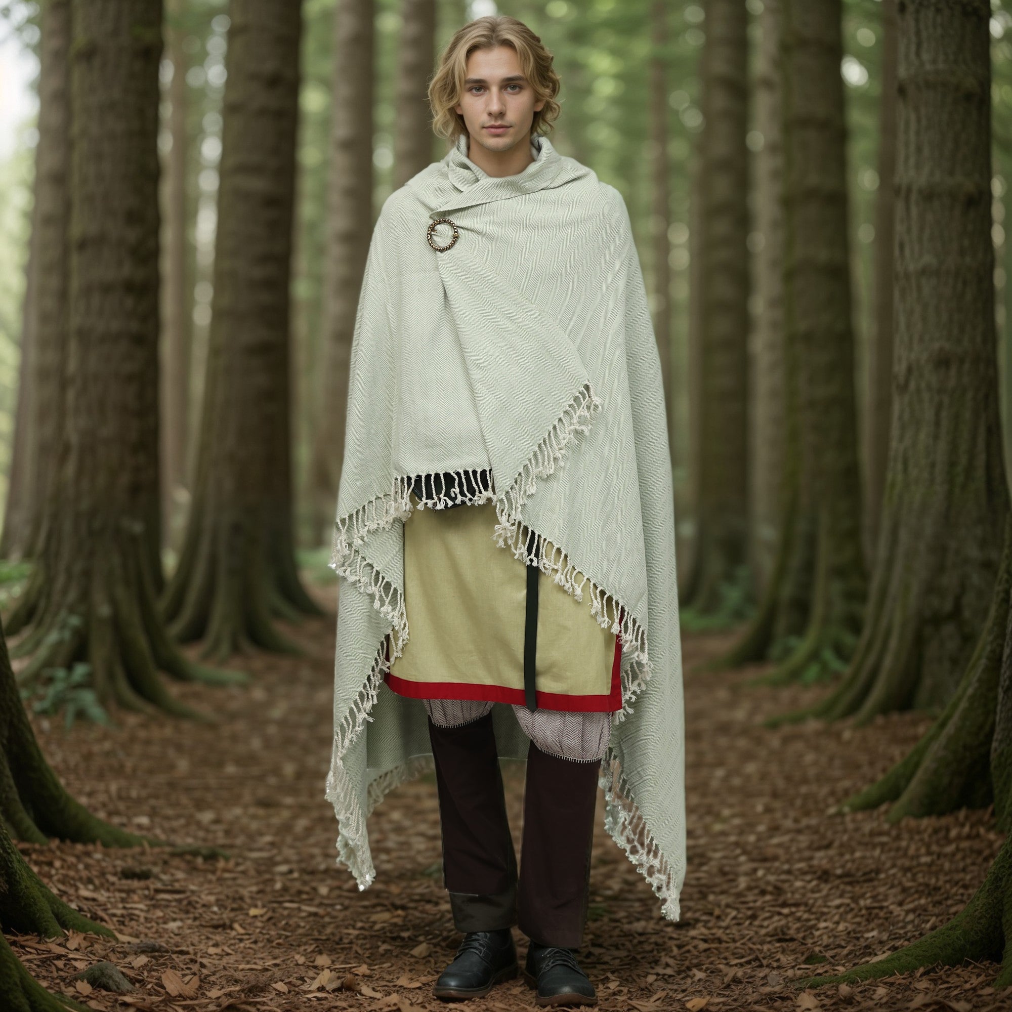 A person with wavy blond hair stands in a forest, wearing Odin's Viking Cape - Unisex—a fringed cloak fastened by a brooch—over medieval-style layers. Tall trees and leaf-covered ground surround them.
