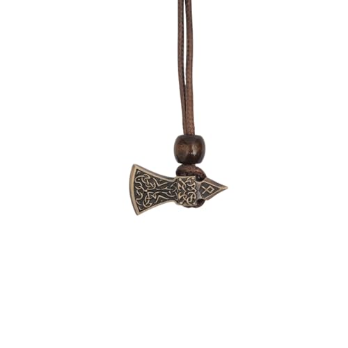 The Viking Axe Brass Pendant features an ornate axe head design with engraved patterns, hanging from a brown cord with a wooden bead, displayed on a plain white background.