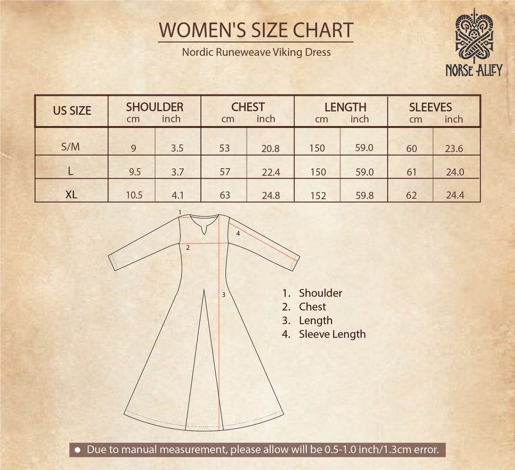 Women's size chart for the Nordic Runeweave Viking Dress - Ladies by Norse Alley, showing shoulder, chest, length, and sleeve length for S/M, L, and XL (cm/inches), plus a labeled diagram and measurement disclaimer. Features Norse hand embroidery.