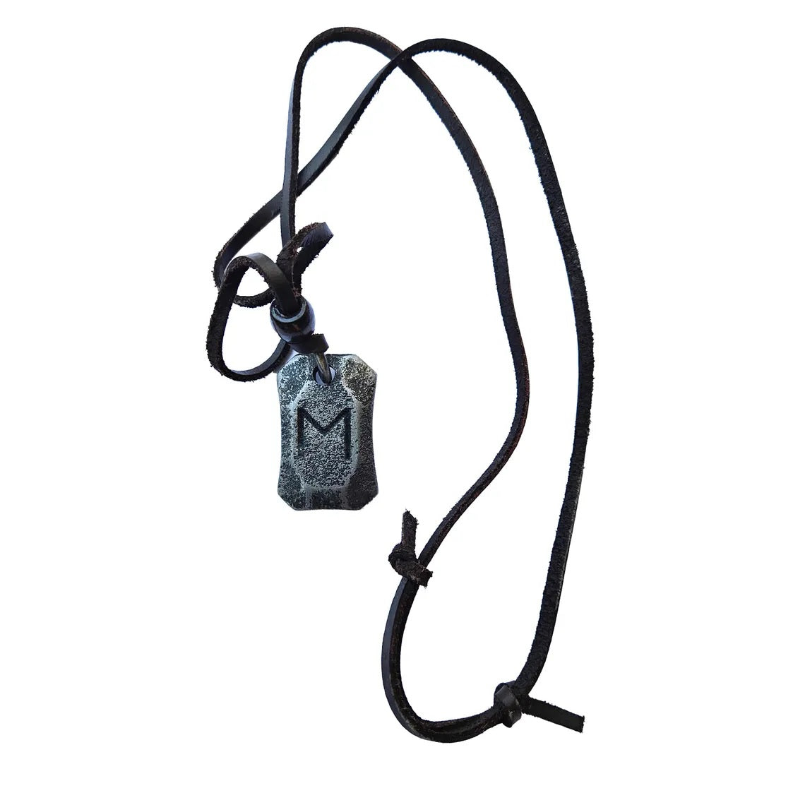The Viking Rune Pendant Ehwaz features a stone-like gray pendant engraved with the letter M (Ehwaz rune) on a black cord necklace, finished with simple knotted ends.