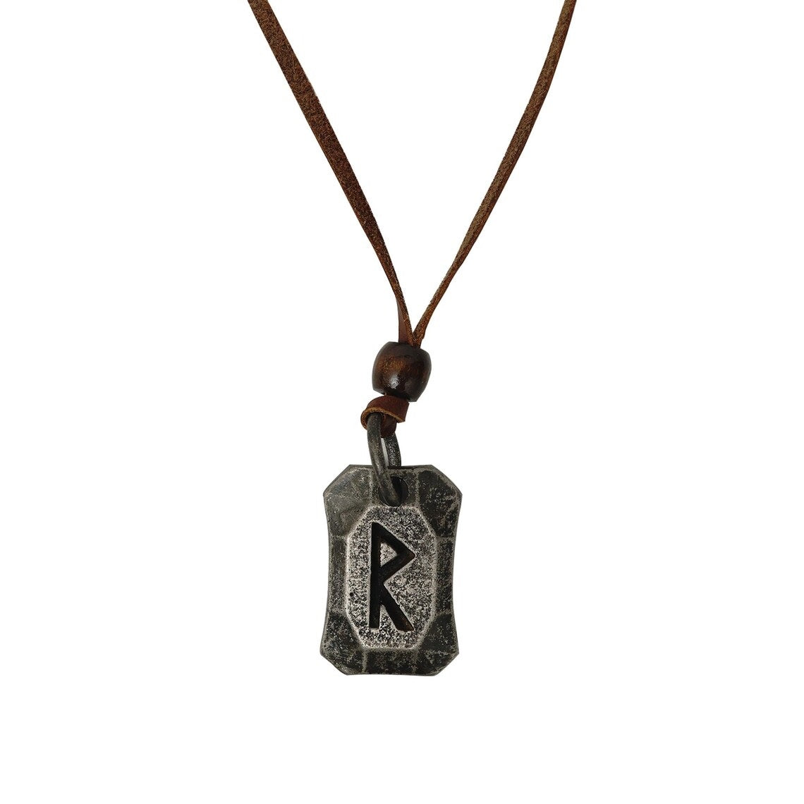 The Viking Rune Pendant Raido features a rectangular metallic pendant with a carved rune symbol, suspended from a brown leather cord with a wooden bead, capturing the essence of Norse mythology.