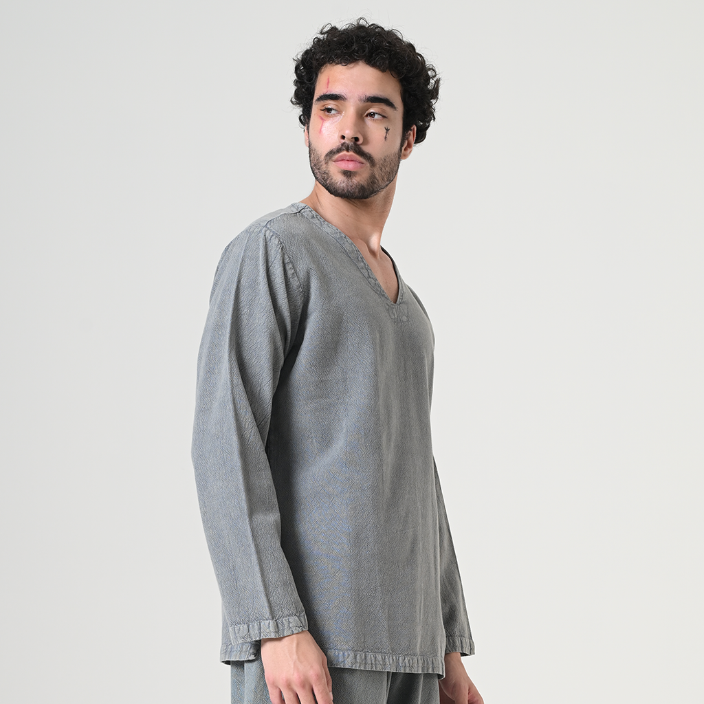 Grey medieval V-neck cotton tunic – view 3
