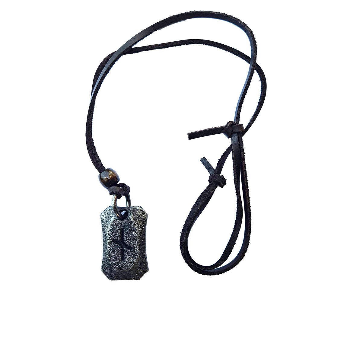 The Viking Rune Pendant Nauthiz features a black cord with a knot and bead, and a rectangular metallic pendant engraved with a Norse-inspired rune. The necklace is displayed on a plain white background.