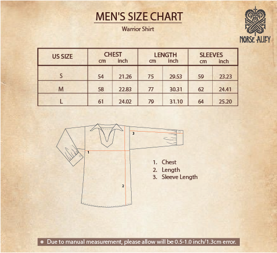 Unisex size chart for the Warrior Shirt – Medieval Strength & Style. Includes chest, length, and sleeve measurements in cm/inches for S, M, and L, plus a diagram highlighting measurement points. Perfect for medieval or Norse costumes.