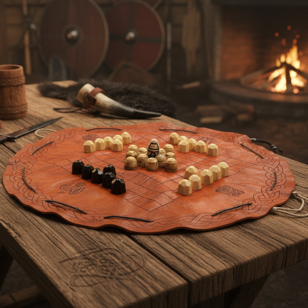 The Handcrafted Viking Hnefatafl Set, featuring bone and horn pieces on a decorated leather board, sits on a wooden table by the fire, with Viking drinking horns and shields in the background.
