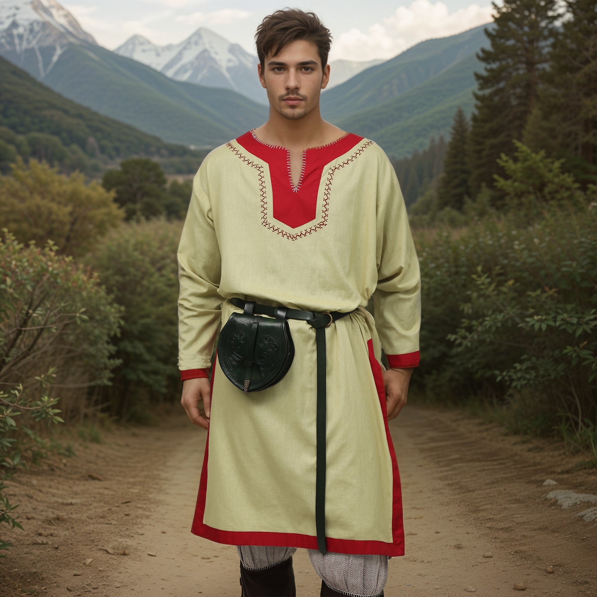 A man stands on a dirt path in the mountains, wearing the Nordic/Viking Heritage Tunic - Men's in cream with red trim. He has a black leather pouch on his belt and patterned pants, with pine trees and snowy peaks visible behind him.