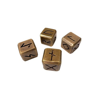 The Viking Brass Dice (Set of 4) are shown on a white background, each featuring engraved runic symbols and a bronze-like finish. Visible faces display different runes, highlighting their metallic craftsmanship.
