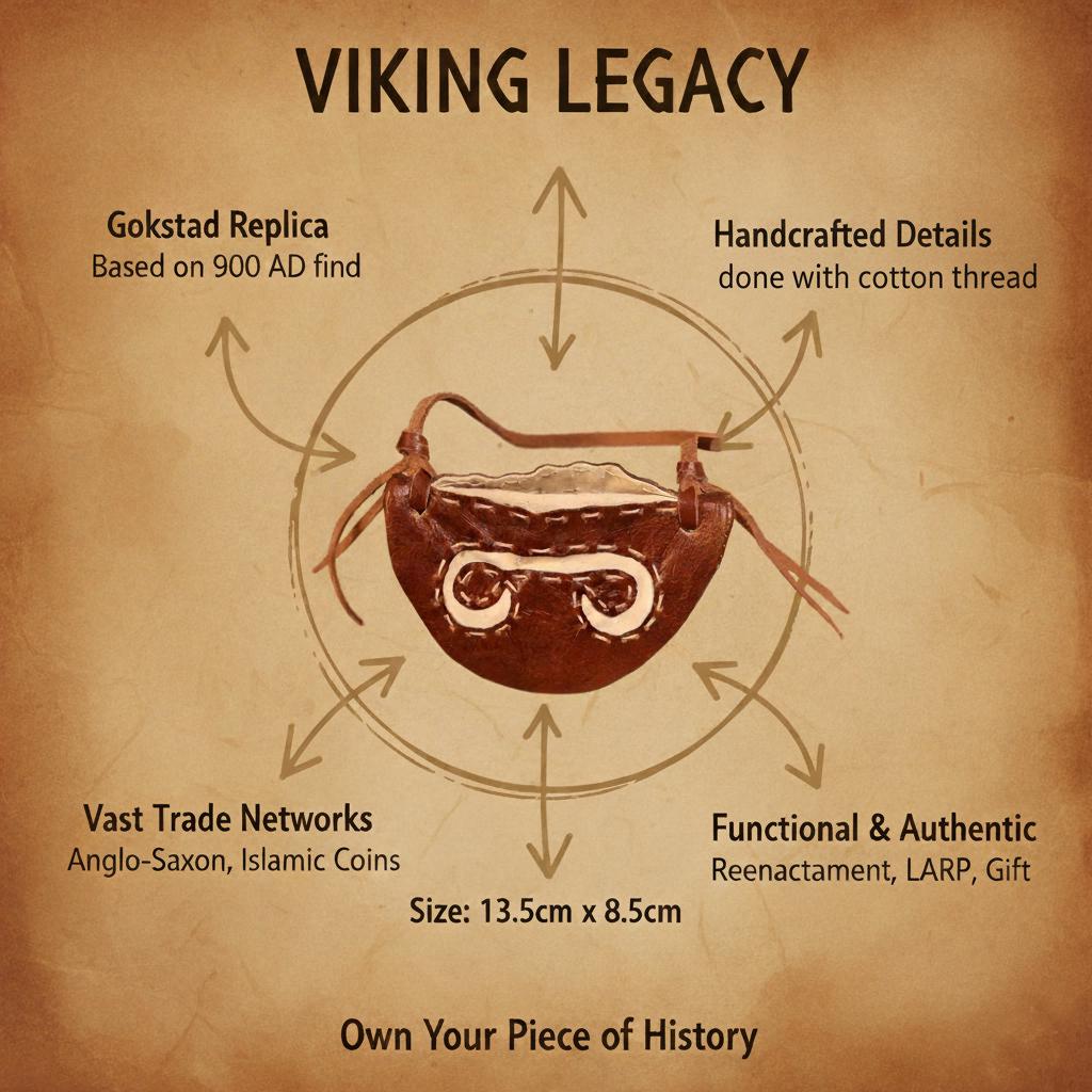 The Gokstad Wallet Viking Coin Pouch, a brown handcrafted leather piece with cotton details and decorative stitching (13.5cm x 8.5cm), replicates an authentic 900 AD design, ideal for reenactment and inspired by wide Viking trade routes.