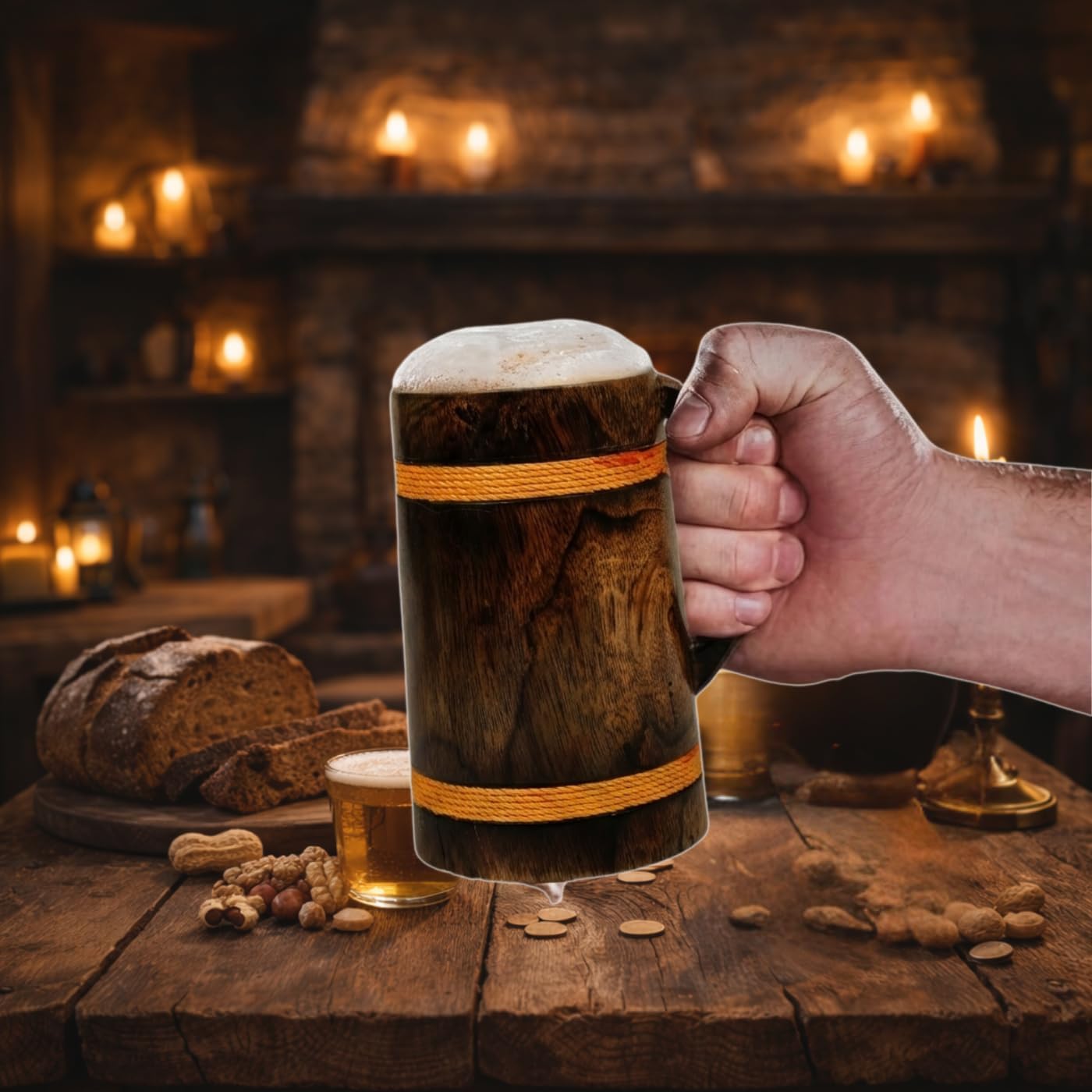 A hand holds the Wooden Beer Mug with Antique Golden Thread over a rustic table with bread, nuts, and beer in a cozy, candlelit tavern adorned with Norse décor.