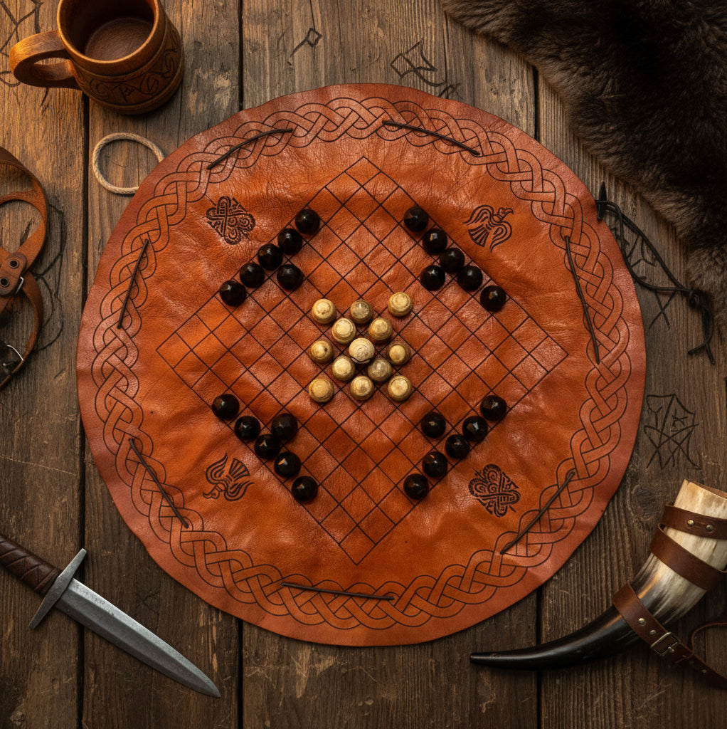 The Handcrafted Viking Hnefatafl Set features a circular leather board with dark and light hand-carved bone and horn pieces, displayed among medieval props like a horn, dagger, mug, fur, and leather mask on a wooden table.