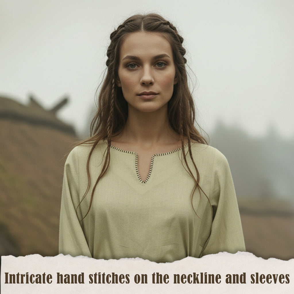 A woman wears the Viking Thorndale Dress- Ladies in beige, featuring intricate hand stitches on the neckline and sleeves. She stands outdoors against a blurred backdrop of rustic buildings and mist. Text: Intricate hand stitches on neckline and sleeves.