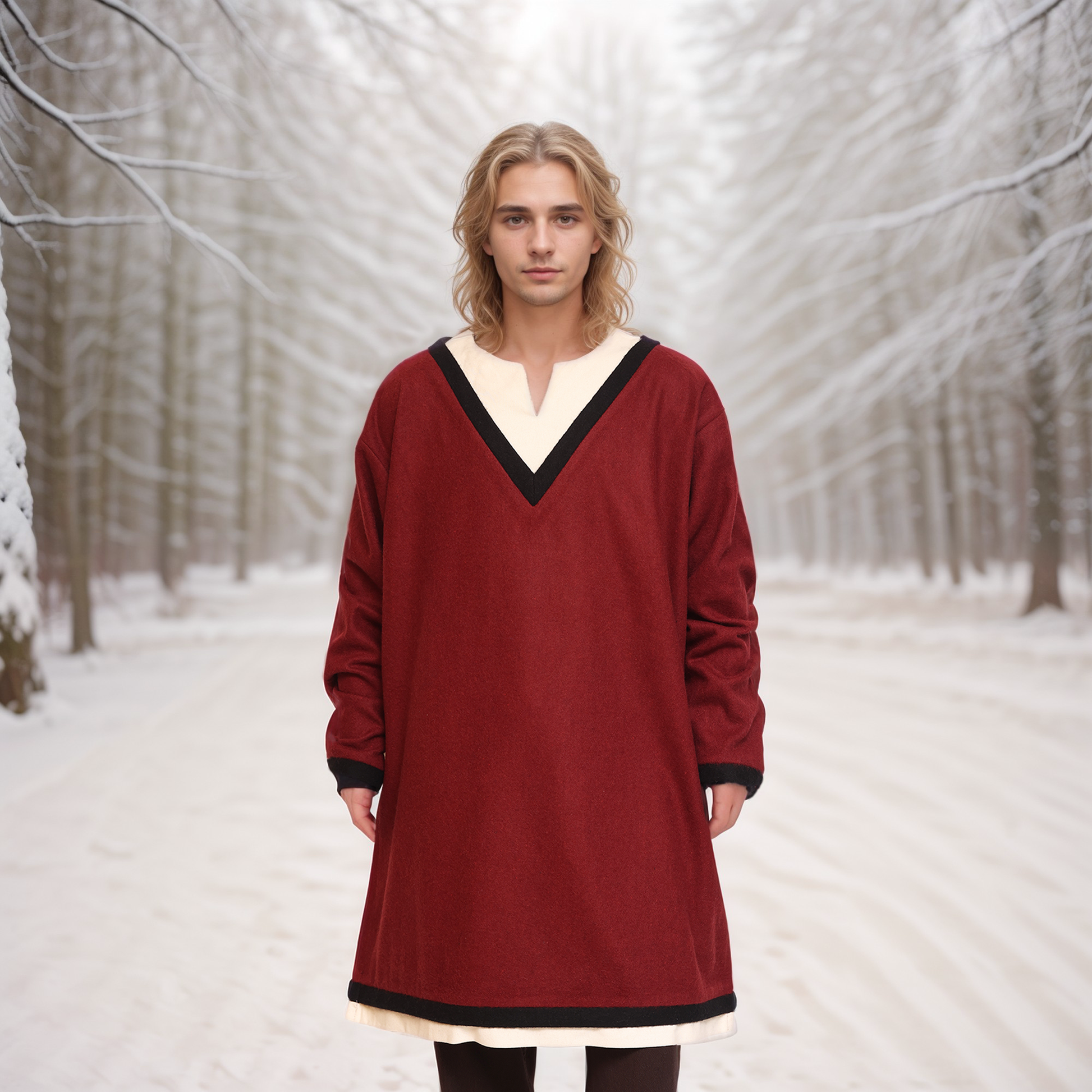 A man with long blonde hair wears the Viking Woolen Tunic - Men's, featuring black trim, as he stands on a snowy path lined with tall, bare trees against a misty winter backdrop.