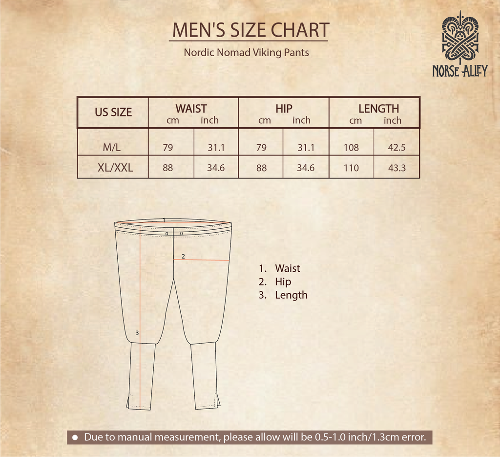 The men's size chart for Nordic Nomad Viking Pants shows US sizes M/L and XL/XXL, with waist, hip, and length in inches and centimeters. Diagram labels measurements; Norse Alley logo appears top right. Ideal for Nordic clothing or costumes.