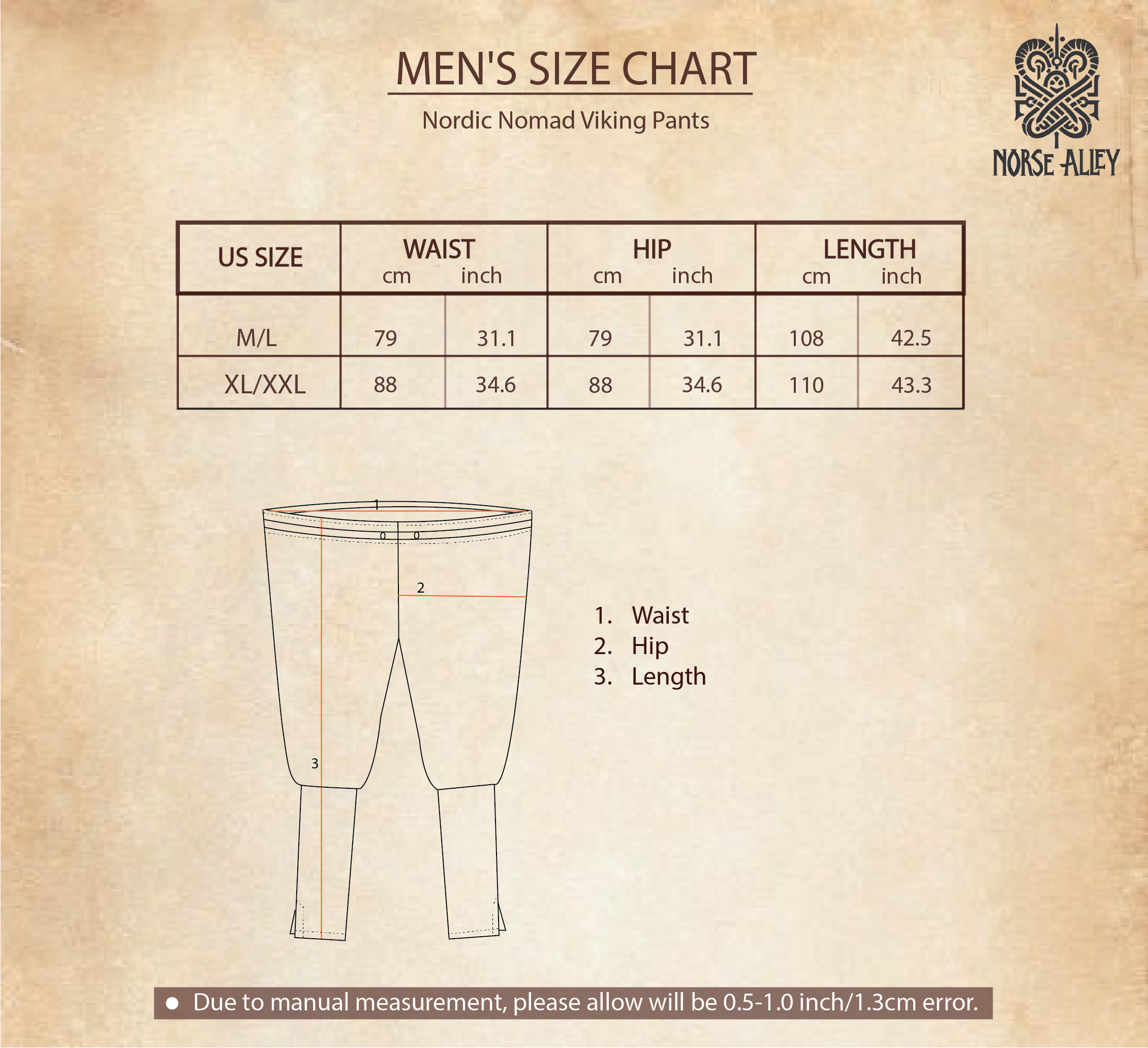 The men's size chart for Nordic Nomad Viking Pants shows US sizes M/L and XL/XXL, with waist, hip, and length in inches and centimeters. Diagram labels measurements; Norse Alley logo appears top right. Ideal for Nordic clothing or costumes.