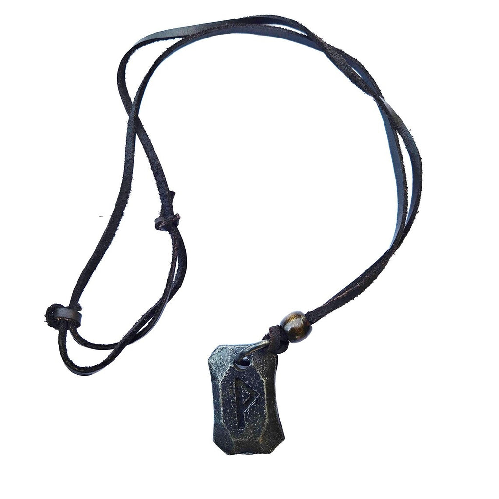 The Viking Rune Pendant Wunjo features a black cord necklace with a knotted loop, a rectangular stone pendant engraved with a rune-like symbol, and a small metallic bead near the pendant, shown on a white background.