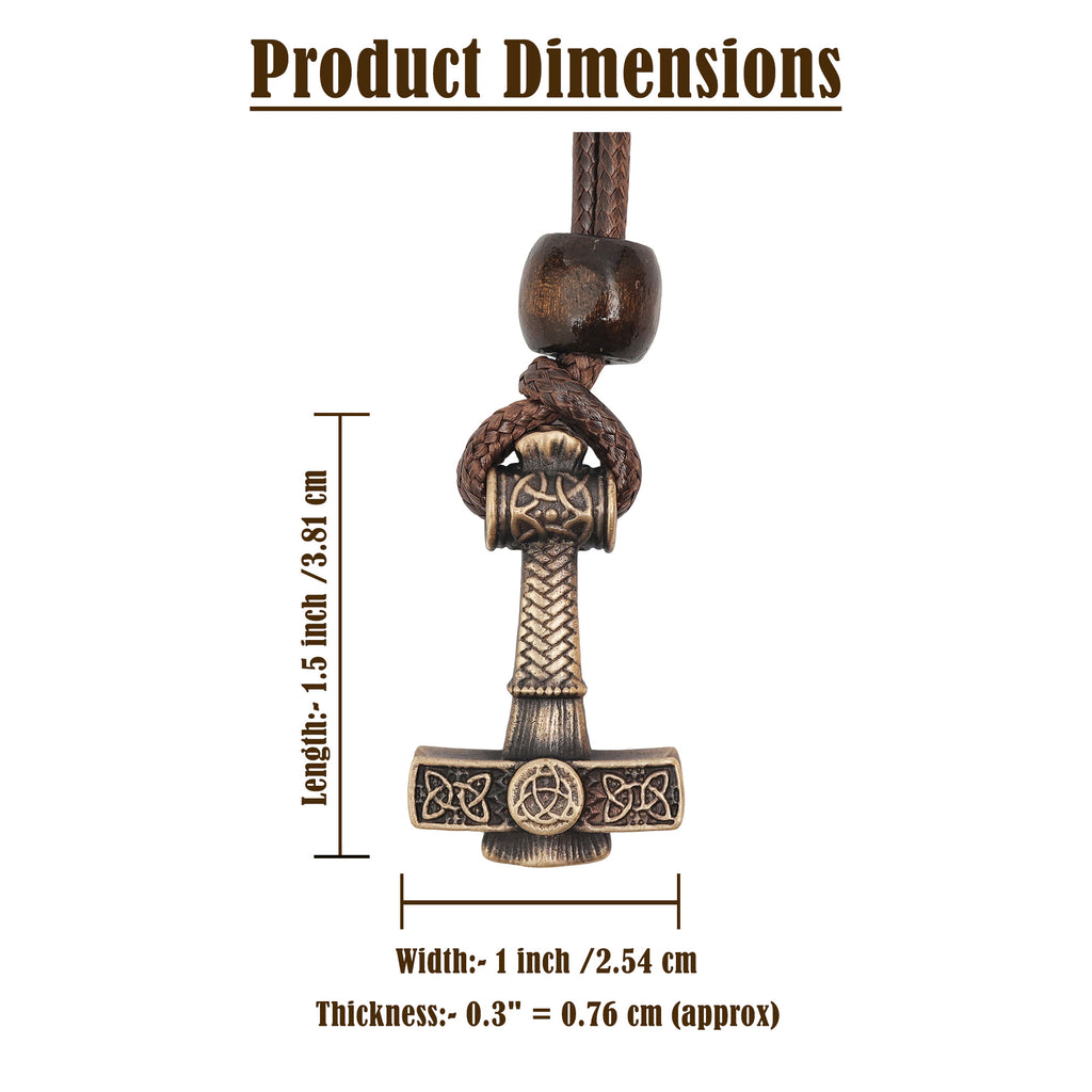 The Norse Alley Thor’s Hammer Pendant features intricate Celtic designs and hangs from a brown cord. Dimensions: 1.5 in (3.81 cm) long, 1 in (2.54 cm) wide, and 0.3 in (0.76 cm) thick—a striking piece of Norse mythology jewelry.