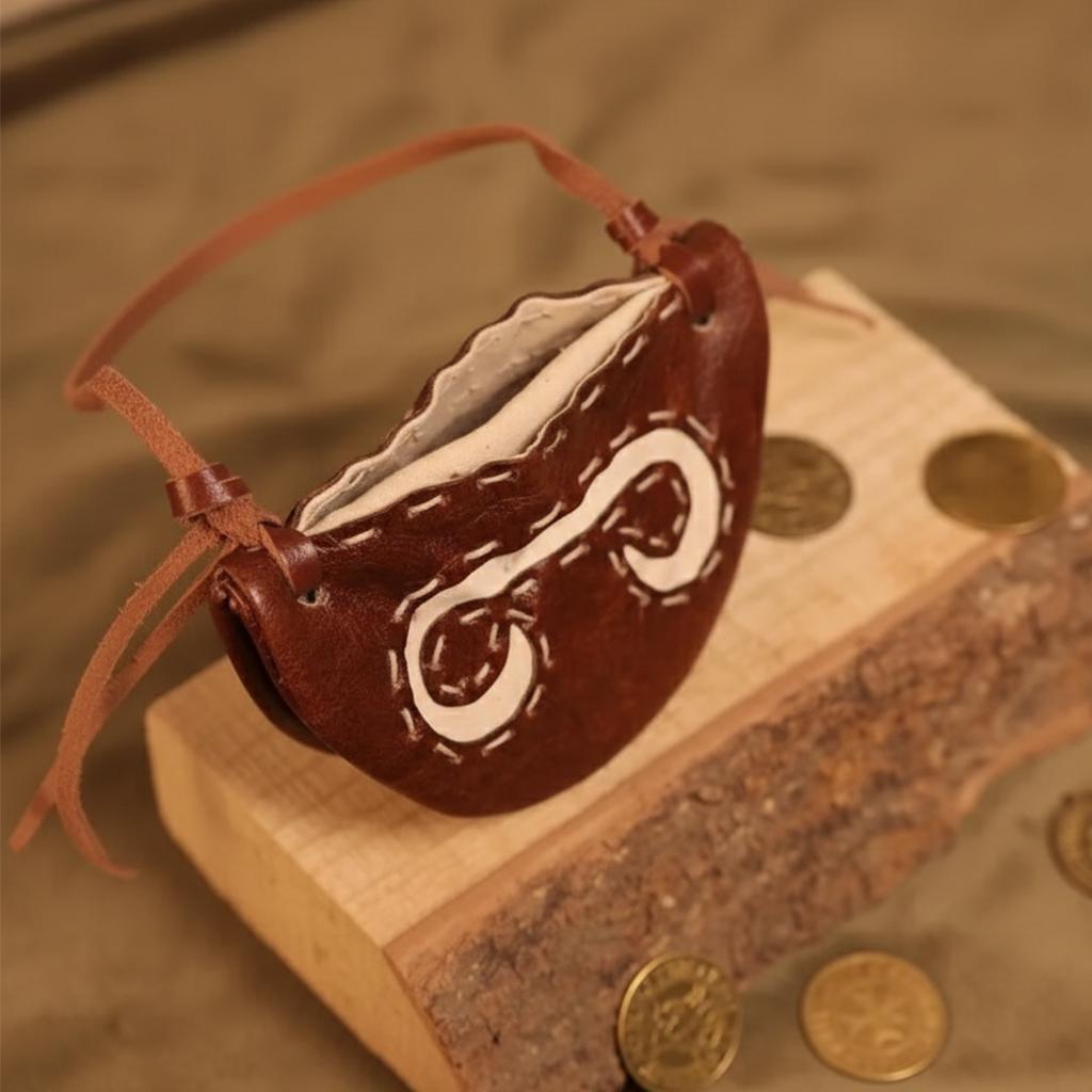 The Gokstad Wallet Viking Coin Pouch, a small handcrafted leather wallet with white stitching, a swirl design, two straps, and an open top, sits on a wooden block amid scattered gold coins.