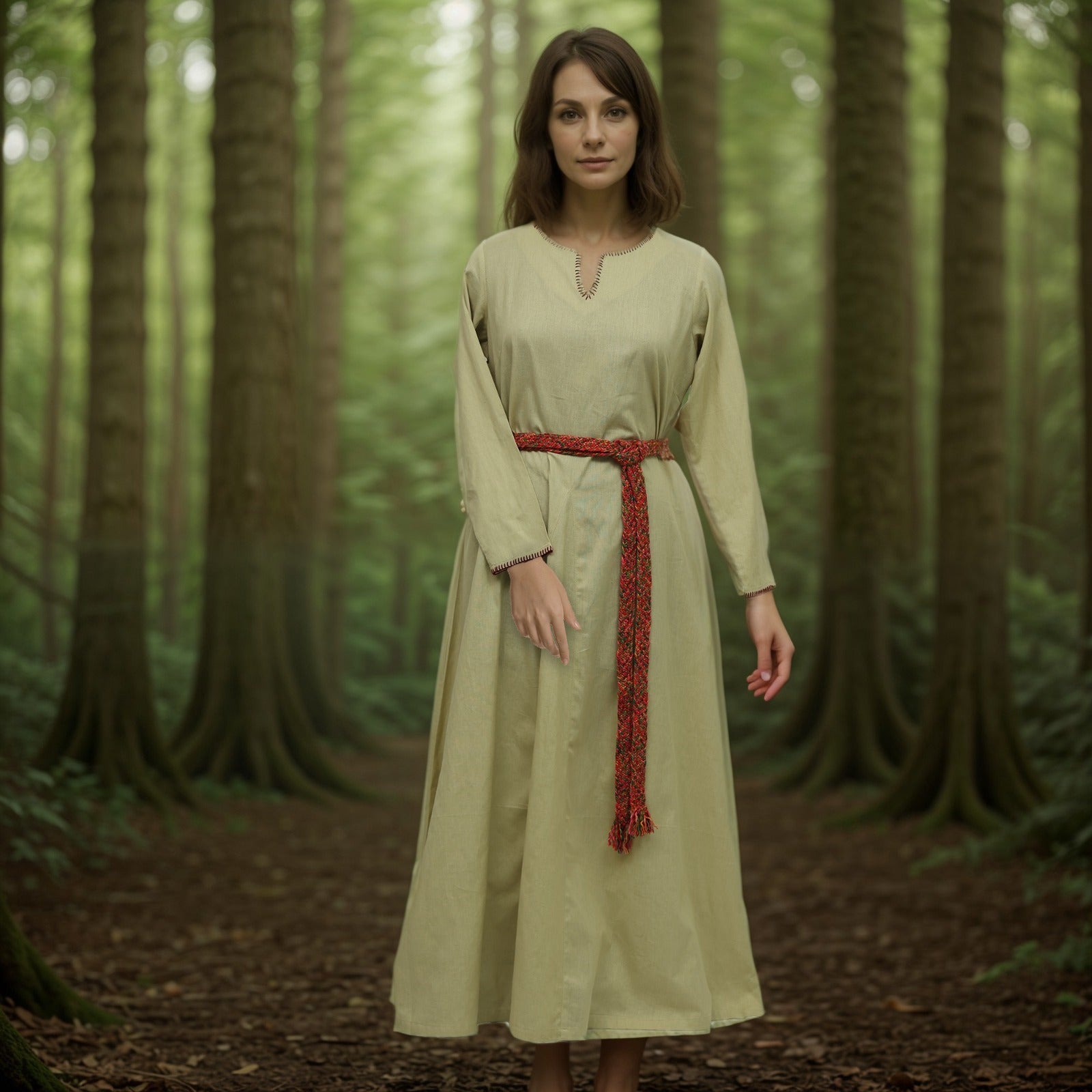 A woman wearing the Viking Thorndale Dress- Ladies, a long light-colored Nordic outfit with a red woven belt, stands on a forest path among tall trees and lush green foliage.