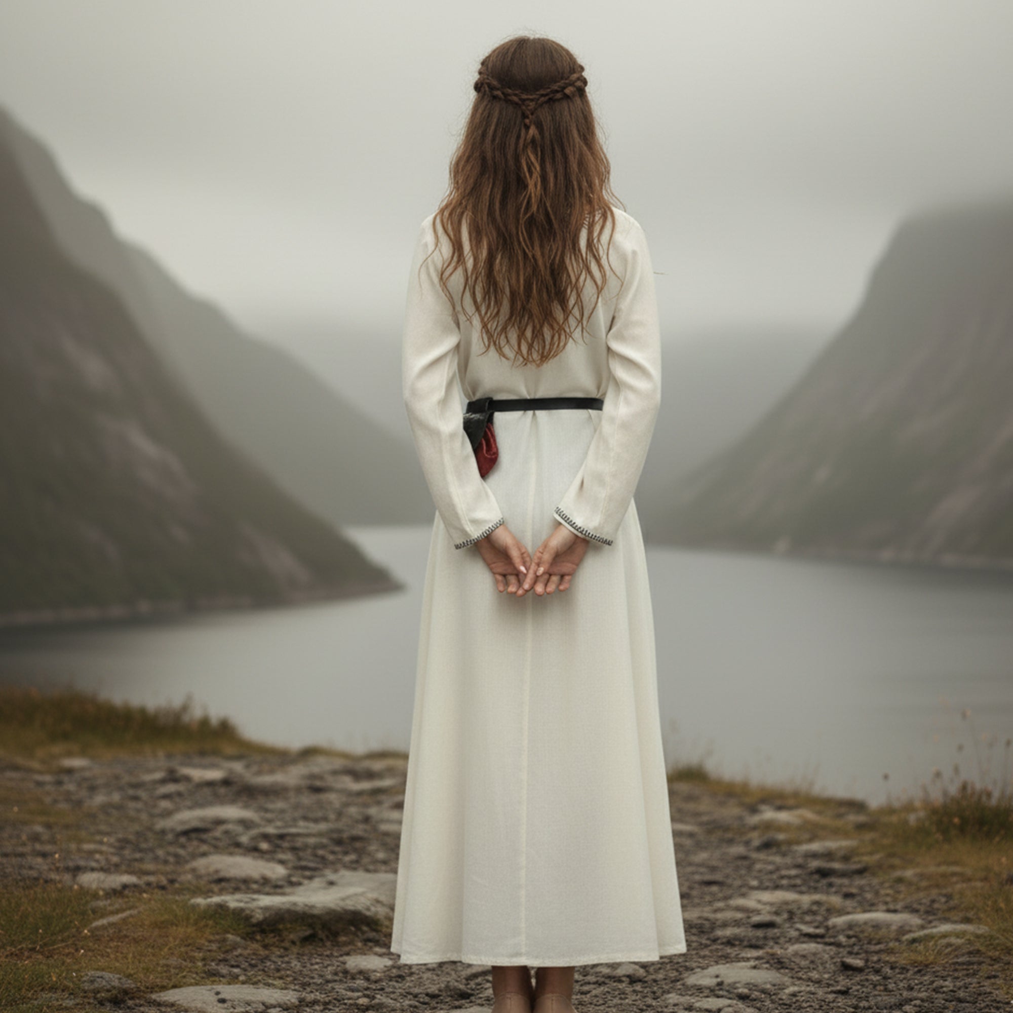 A woman wearing the Viking Thorndale Dress- Ladies stands with her back to the camera, overlooking a misty fjord encircled by mountains. Her long, wavy hair is half braided and her hands are resting behind her back.