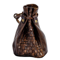 A small, brown Woven Leather Coin Pouch with a woven front panel, drawstring closure, and brass rivets is shown standing upright on a white background—ideal for medieval or LARP use.