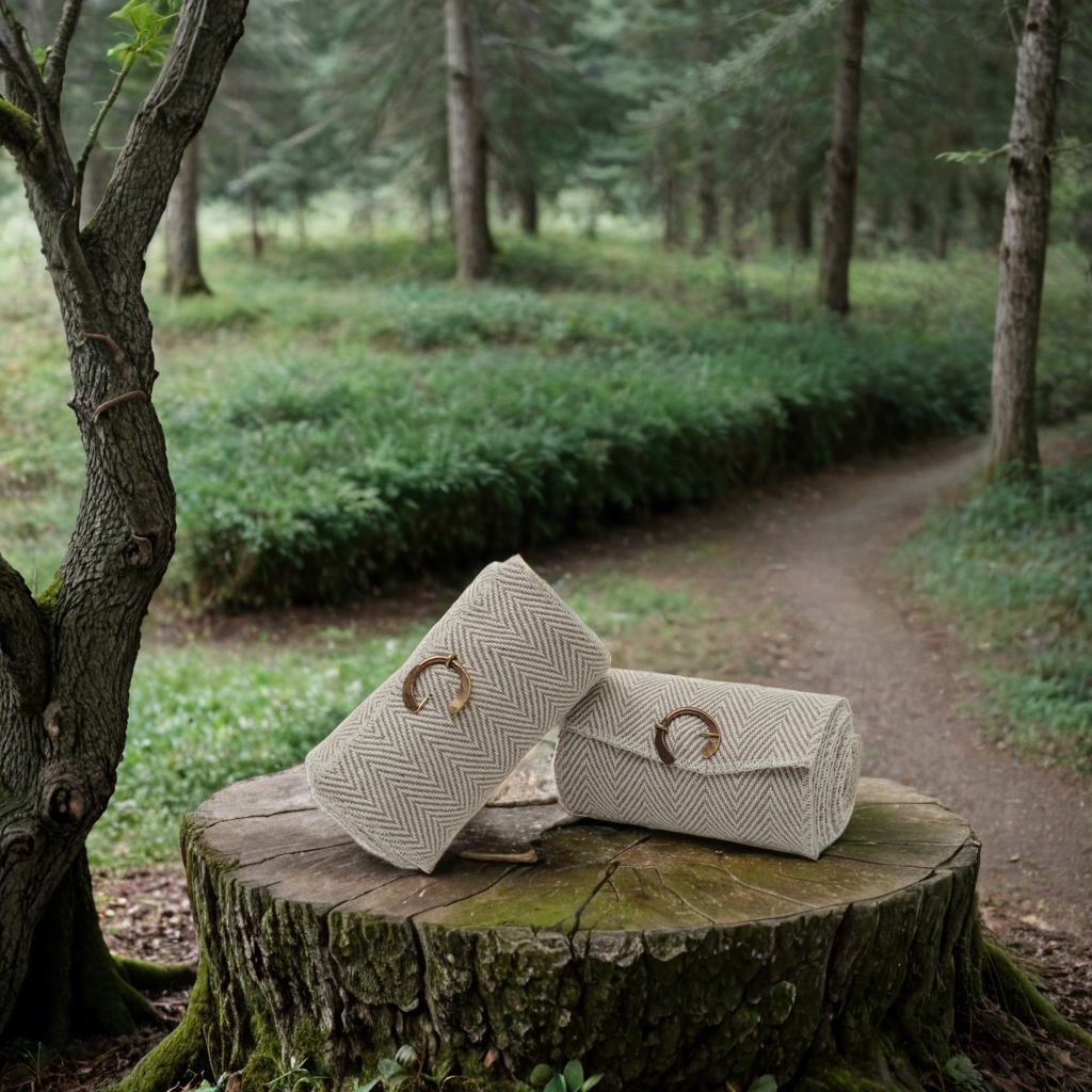 Two cylindrical cushions with herringbone patterns, inspired by Herringbone Viking Leg Wraps (Winingas), are placed on a tree stump beside a forest path amid tall trees and lush greenery.