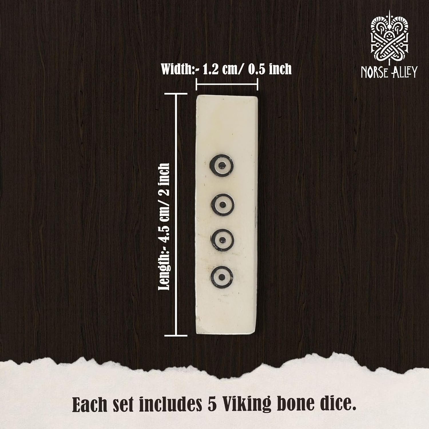 The Viking Bone Dice Set of 5 features rectangular handcrafted dice (4.5 cm x 1.2 cm), each with five circular dots and the Norse Alley logo—ideal medieval gaming accessories.