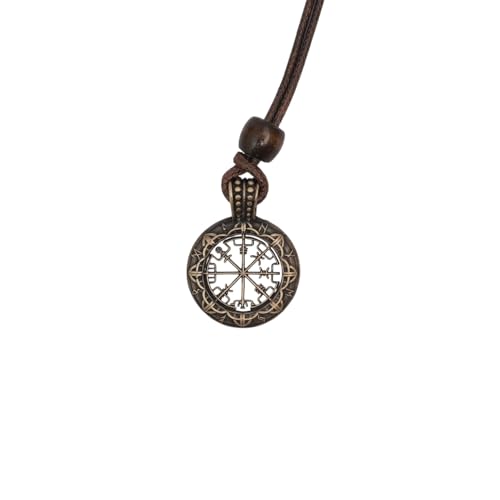 The Nomad's Compass Pendant is a round Viking-inspired necklace with engraved Norse runes and intricate patterns, hanging from a black cord with a wooden bead—unique travel jewelry for those drawn to ancient talismans.