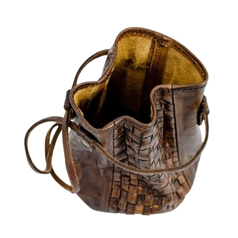 The Woven Leather Coin Pouch is a brown leather bag with a woven pattern, long thin strap, and yellowish suede interior. Open on a white background, it’s the perfect LARP accessory reminiscent of medieval pouches.