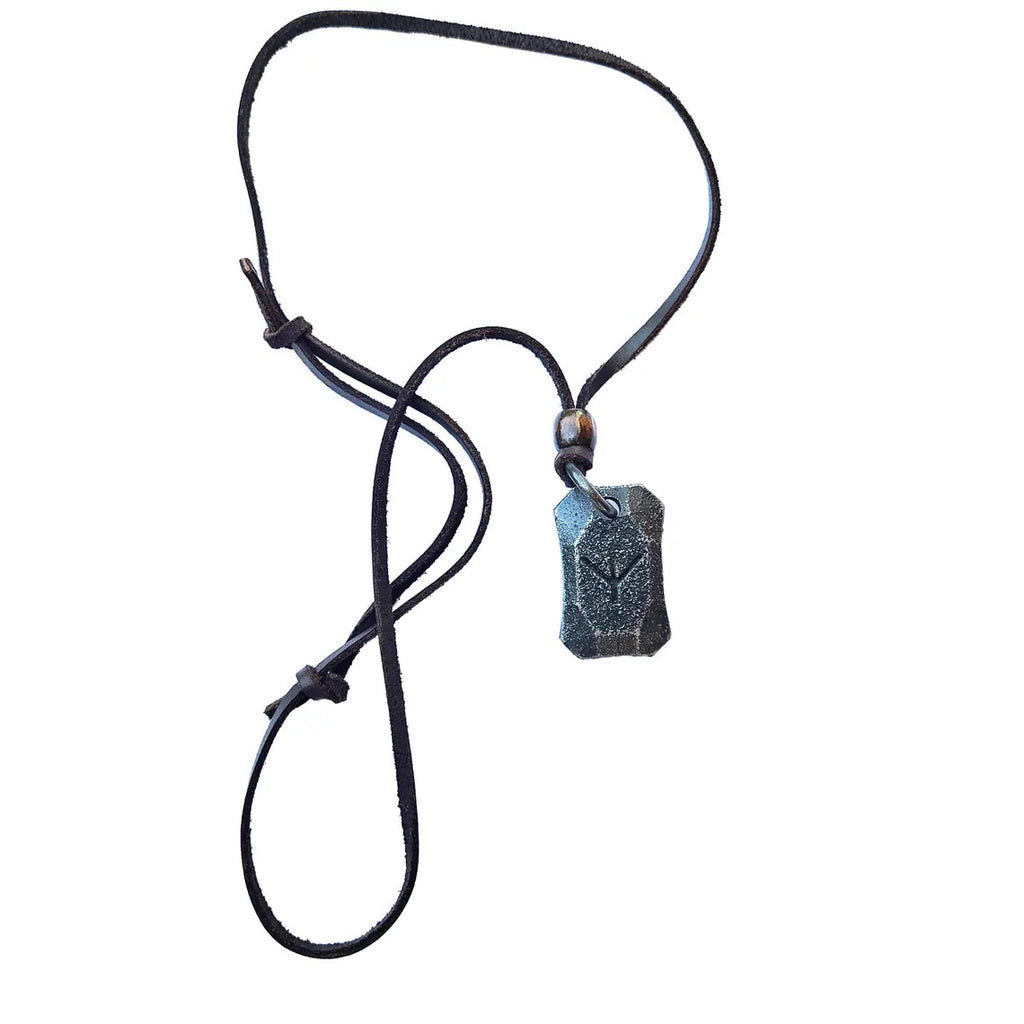 The Viking Rune Pendant Algiz features a black leather cord with an adjustable knot and a rectangular dark metal pendant engraved with a geometric Norse-inspired Algiz rune. Displayed on a white background.